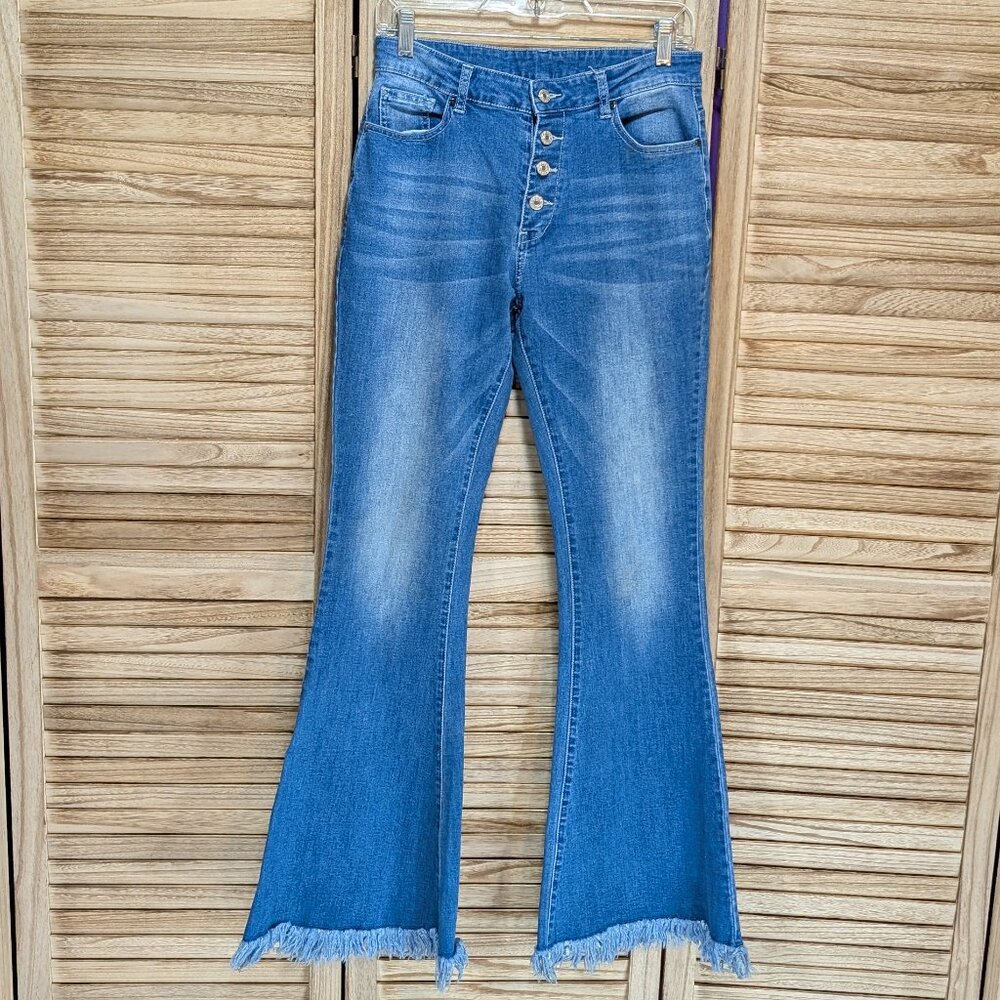 Button Up Jeans Stylish Blue Flare Frayed Hem Size Medium